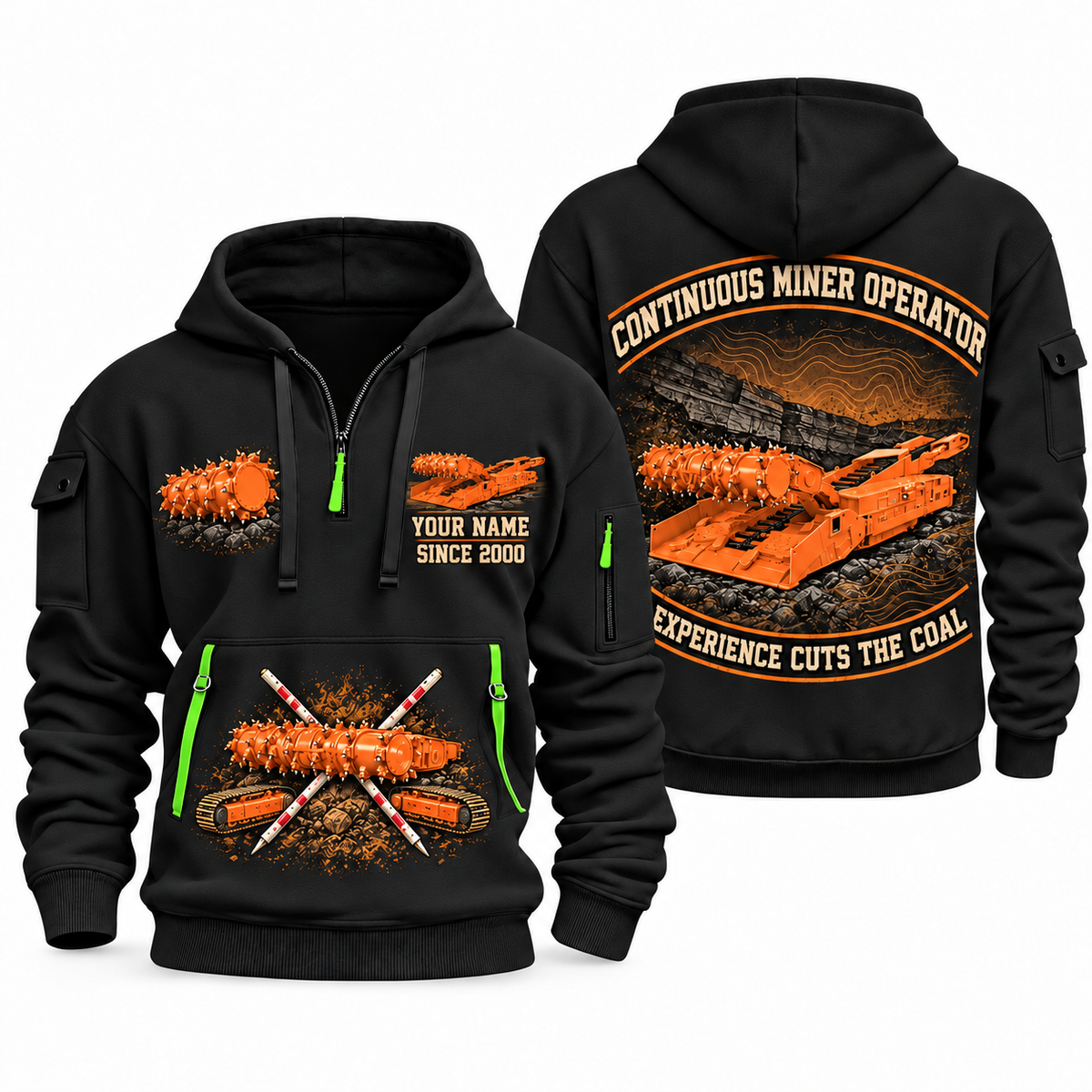 14CM15 Continuous Miner Operator quarter zip hoodie in Black, front and back views, sample YOUR NAME and SINCE 2000 artwork