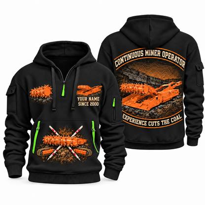 14CM15 Continuous Miner Operator quarter zip hoodie in Black, front and back views, sample YOUR NAME and SINCE 2000 artwork