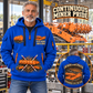 14CM15 Continuous Miner Operator quarter zip hoodie in Blue, adult lifestyle portrait showing front and back artwork