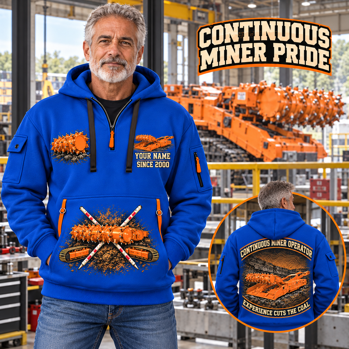 14CM15 Continuous Miner Operator quarter zip hoodie in Blue, adult lifestyle portrait showing front and back artwork