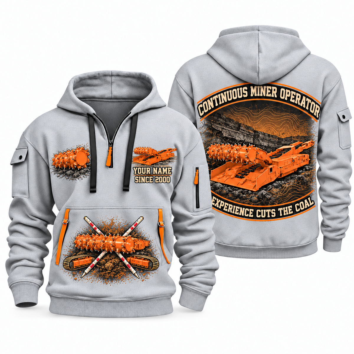 14CM15 Continuous Miner Operator quarter zip hoodie in Light Grey, front and back views, sample YOUR NAME and SINCE 2000 artwork