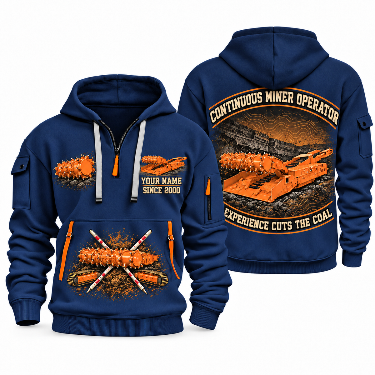14CM15 Continuous Miner Operator quarter zip hoodie in Navy, front and back views, sample YOUR NAME and SINCE 2000 artwork