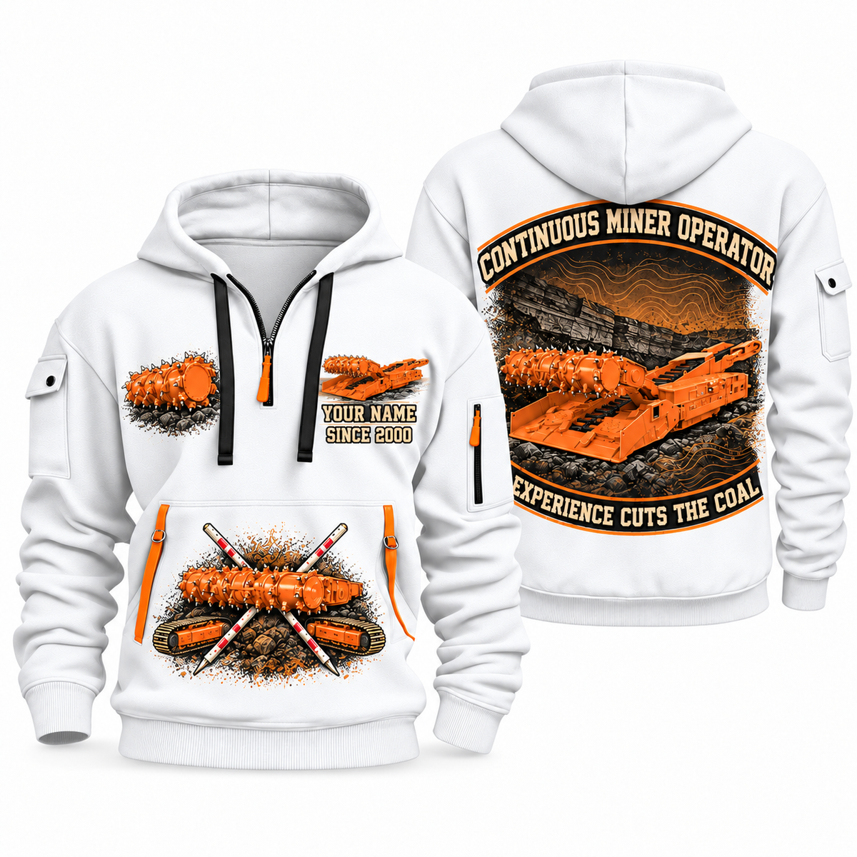 14CM15 Continuous Miner Operator quarter zip hoodie in White, front and back views, sample YOUR NAME and SINCE 2000 artwork