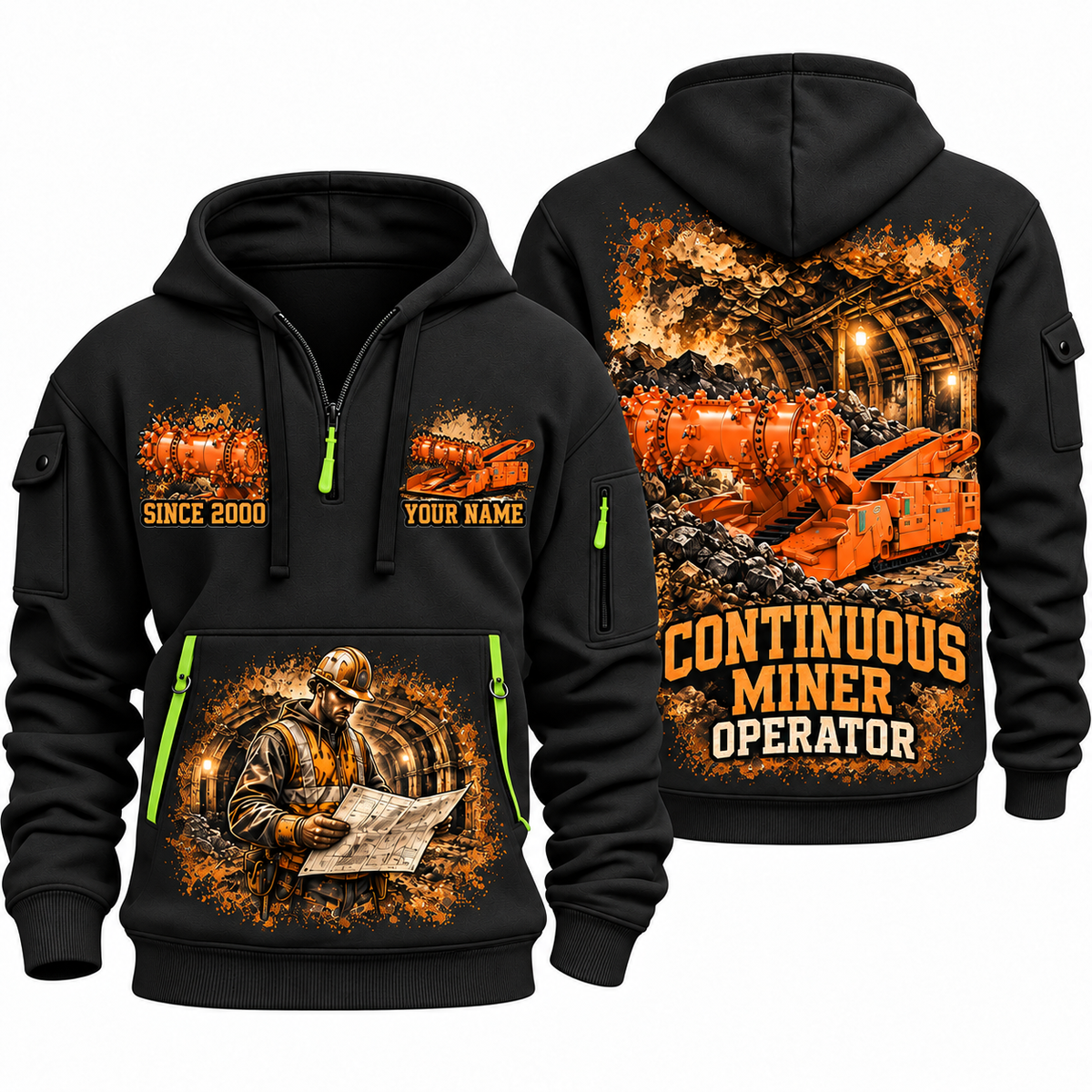 14CM27 Continuous Miner Operator quarter zip hoodie in Black, front and back views, sample YOUR NAME and SINCE 2000 artwork