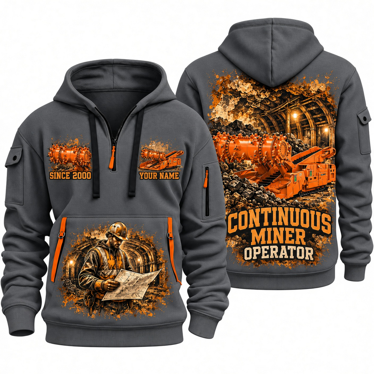 14CM27 Continuous Miner Operator quarter zip hoodie in Gray, front and back views, sample YOUR NAME and SINCE 2000 artwork