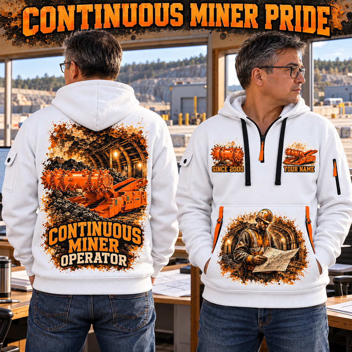 14CM27 Continuous Miner Operator quarter zip hoodie in White, adult lifestyle portrait showing front and back artwork