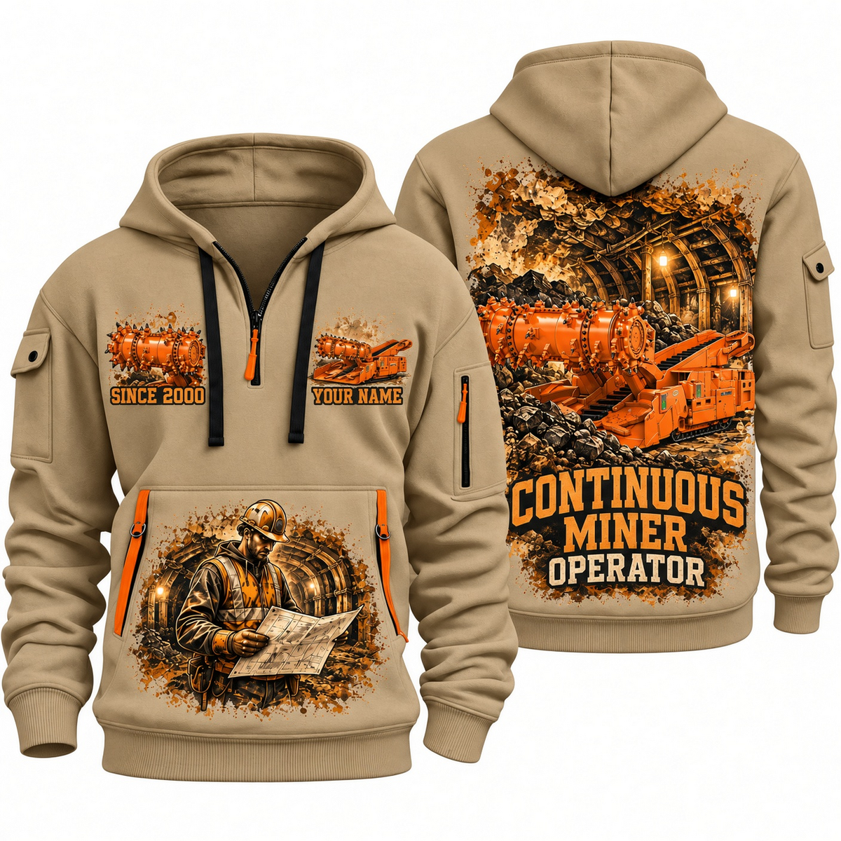 14CM27 Continuous Miner Operator quarter zip hoodie in Khaki, front and back views, sample YOUR NAME and SINCE 2000 artwork
