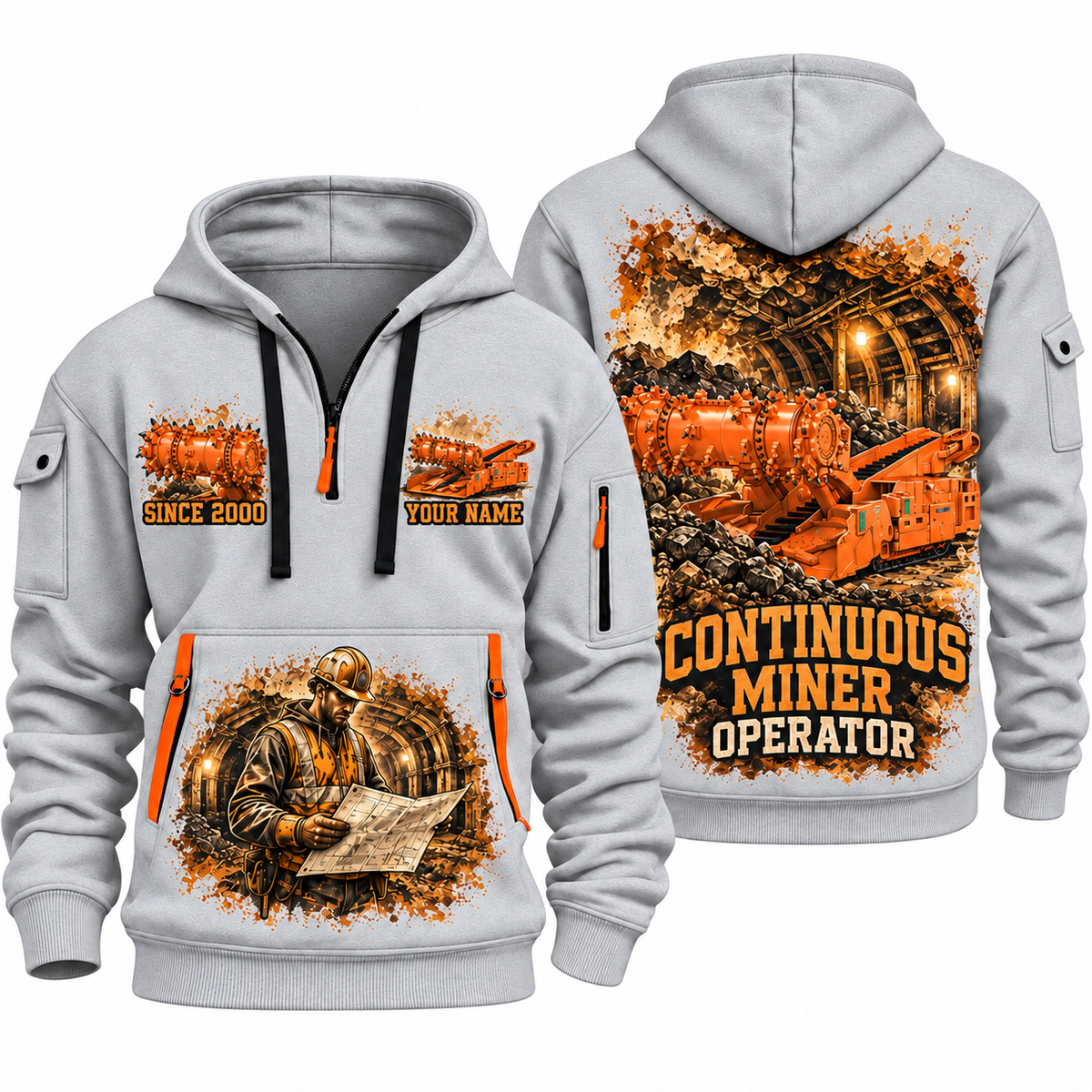 14CM27 Continuous Miner Operator quarter zip hoodie in Light Grey, front and back views, sample YOUR NAME and SINCE 2000 artwork
