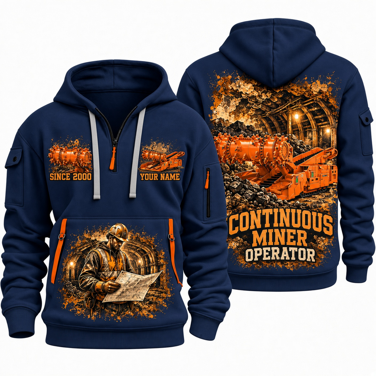 14CM27 Continuous Miner Operator quarter zip hoodie in Navy, front and back views, sample YOUR NAME and SINCE 2000 artwork