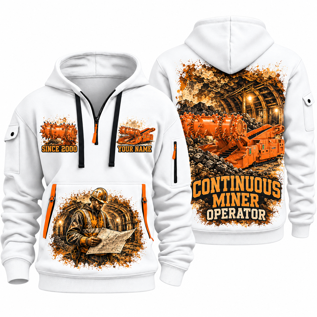 14CM27 Continuous Miner Operator quarter zip hoodie in White, front and back views, sample YOUR NAME and SINCE 2000 artwork