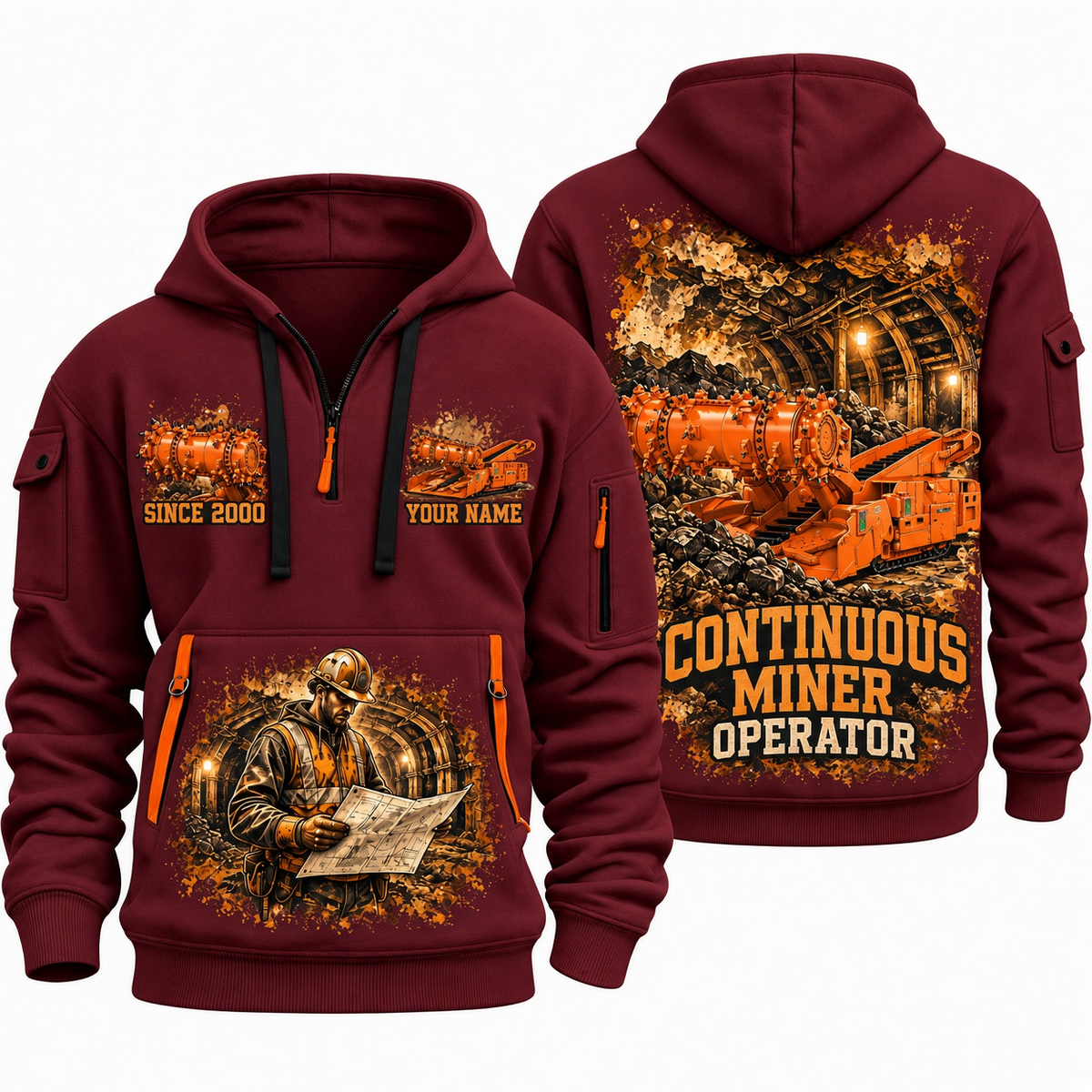14CM27 Continuous Miner Operator quarter zip hoodie in Wine Red, front and back views, sample YOUR NAME and SINCE 2000 artwork