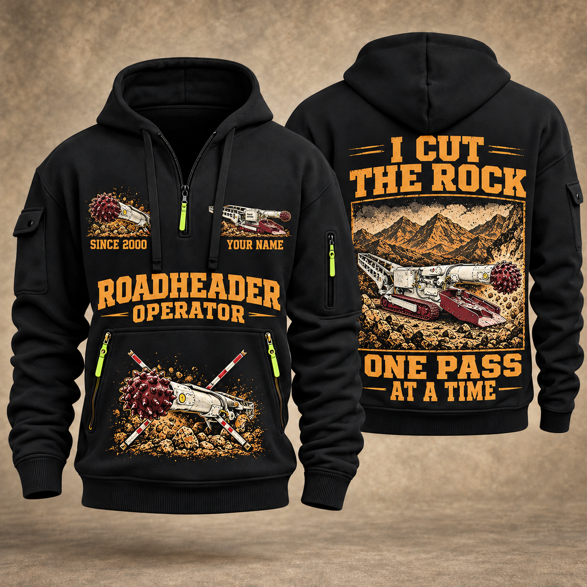 AQM 50 Roadheader Operator quarter zip hoodie in Black, front and back views, sample YOUR NAME and SINCE 2000 artwork