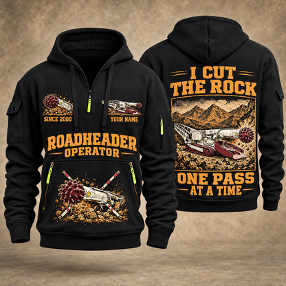 AQM 50 Roadheader Operator quarter zip hoodie in Black, front and back views, sample YOUR NAME and SINCE 2000 artwork