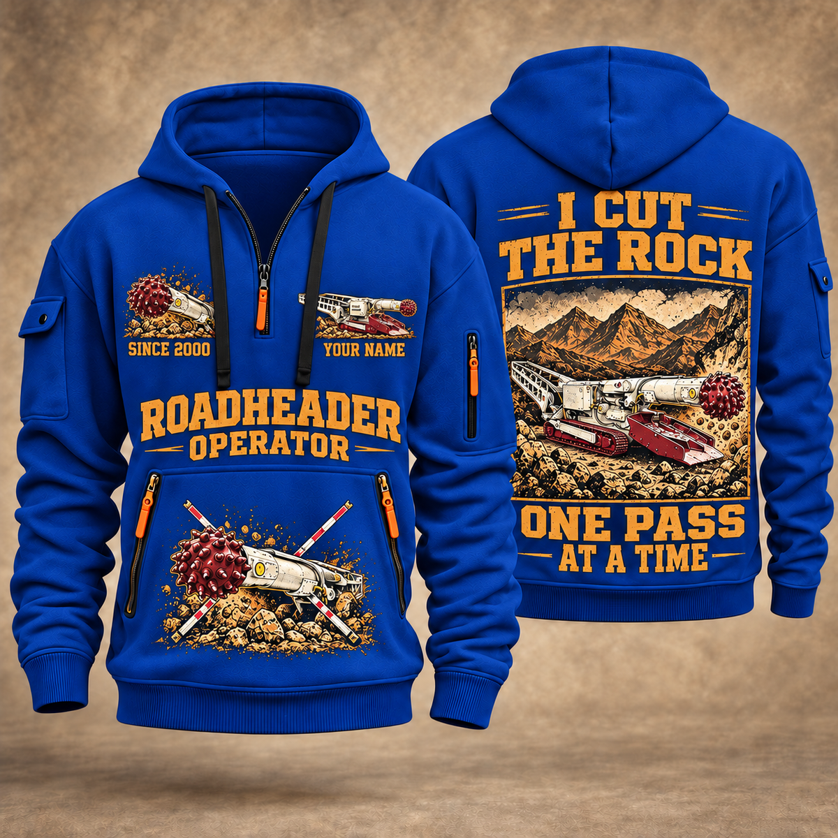 AQM 50 Roadheader Operator quarter zip hoodie in Blue, front and back views, sample YOUR NAME and SINCE 2000 artwork