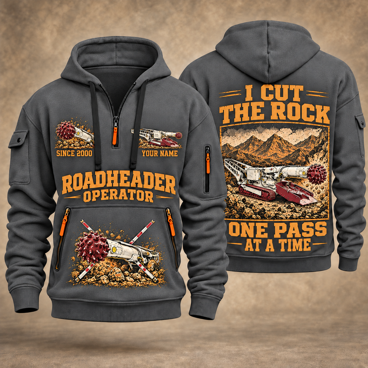 AQM 50 Roadheader Operator quarter zip hoodie in Gray, front and back views, sample YOUR NAME and SINCE 2000 artwork