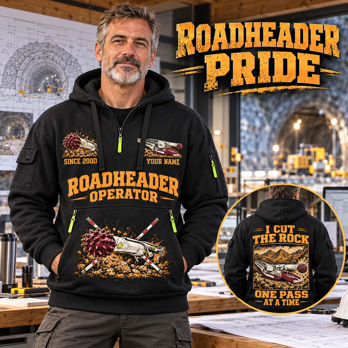AQM 50 Roadheader Operator quarter zip hoodie in Black, adult lifestyle portrait showing front and back artwork