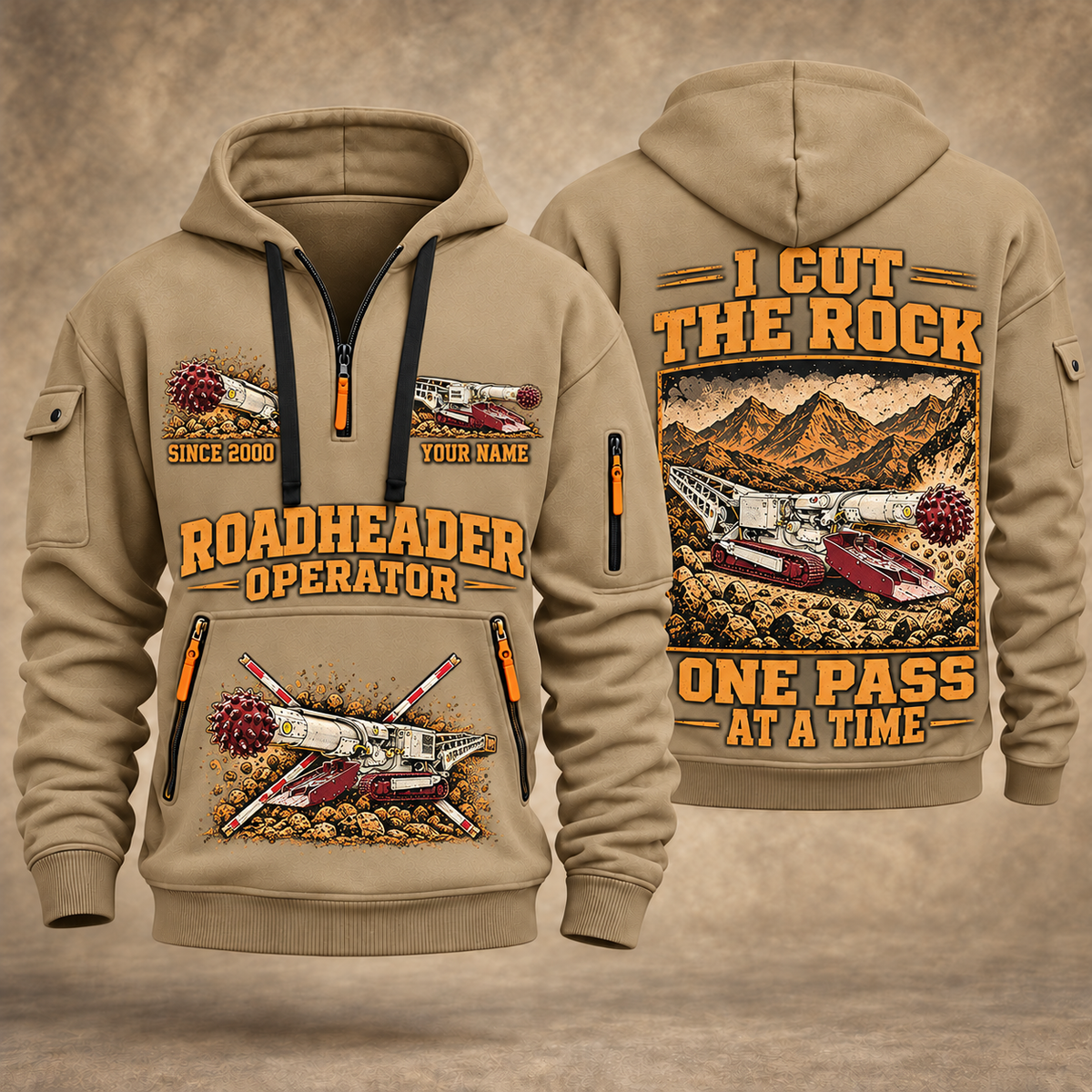 AQM 50 Roadheader Operator quarter zip hoodie in Khaki, front and back views, sample YOUR NAME and SINCE 2000 artwork