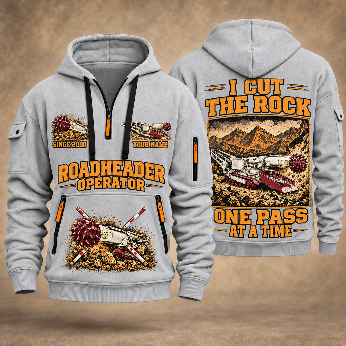 AQM 50 Roadheader Operator quarter zip hoodie in Light Grey, front and back views, sample YOUR NAME and SINCE 2000 artwork