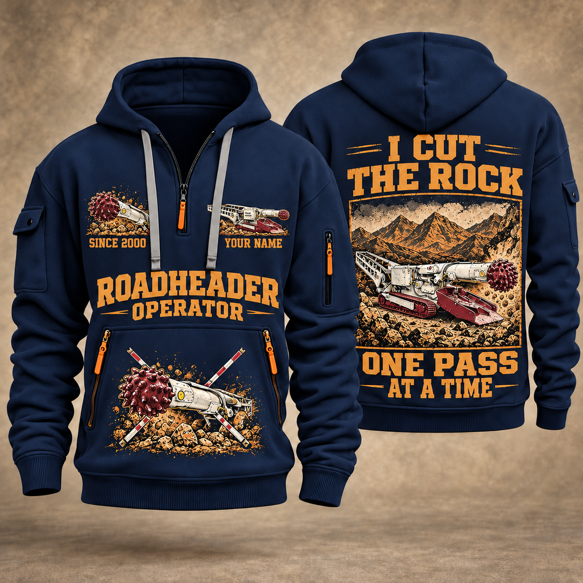 AQM 50 Roadheader Operator quarter zip hoodie in Navy, front and back views, sample YOUR NAME and SINCE 2000 artwork