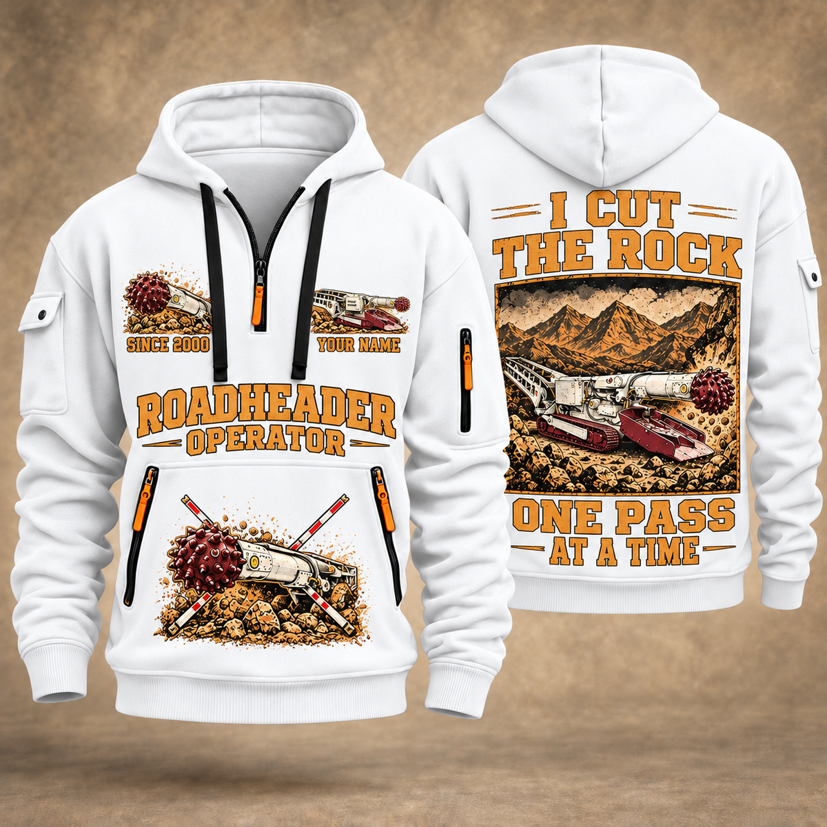 AQM 50 Roadheader Operator quarter zip hoodie in White, front and back views, sample YOUR NAME and SINCE 2000 artwork