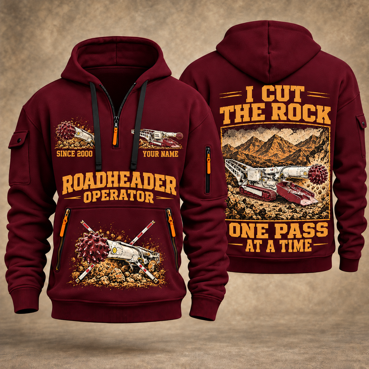 AQM 50 Roadheader Operator quarter zip hoodie in Wine Red, front and back views, sample YOUR NAME and SINCE 2000 artwork