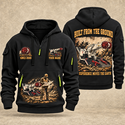 AQM 150 Roadheader Operator quarter zip hoodie in Black, front and back views, sample YOUR NAME and SINCE 2000 artwork