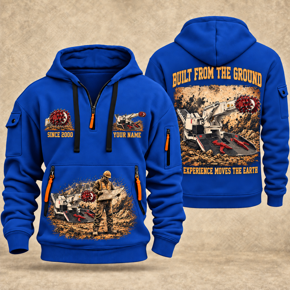 AQM 150 Roadheader Operator quarter zip hoodie in Blue, front and back views, sample YOUR NAME and SINCE 2000 artwork
