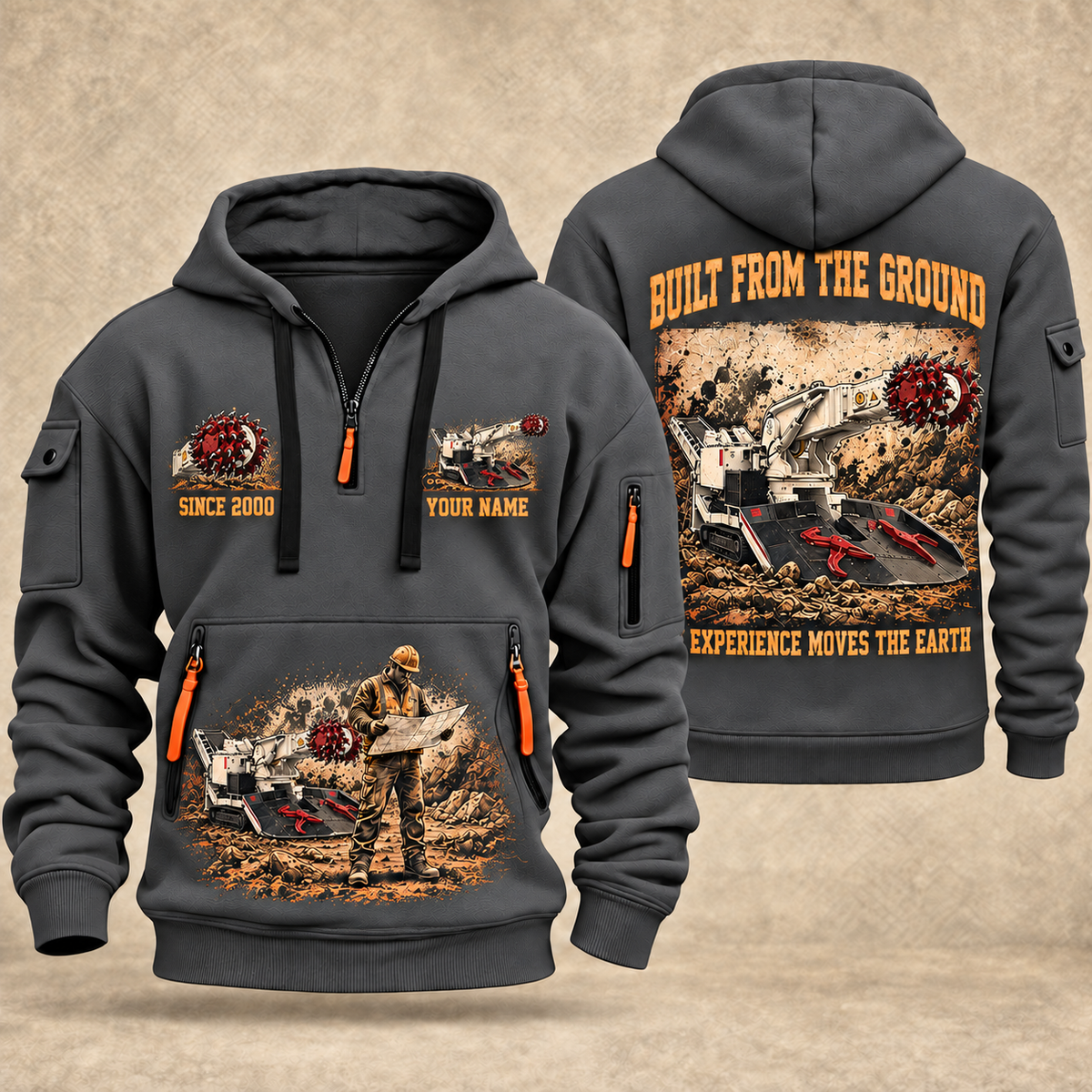 AQM 150 Roadheader Operator quarter zip hoodie in Gray, front and back views, sample YOUR NAME and SINCE 2000 artwork