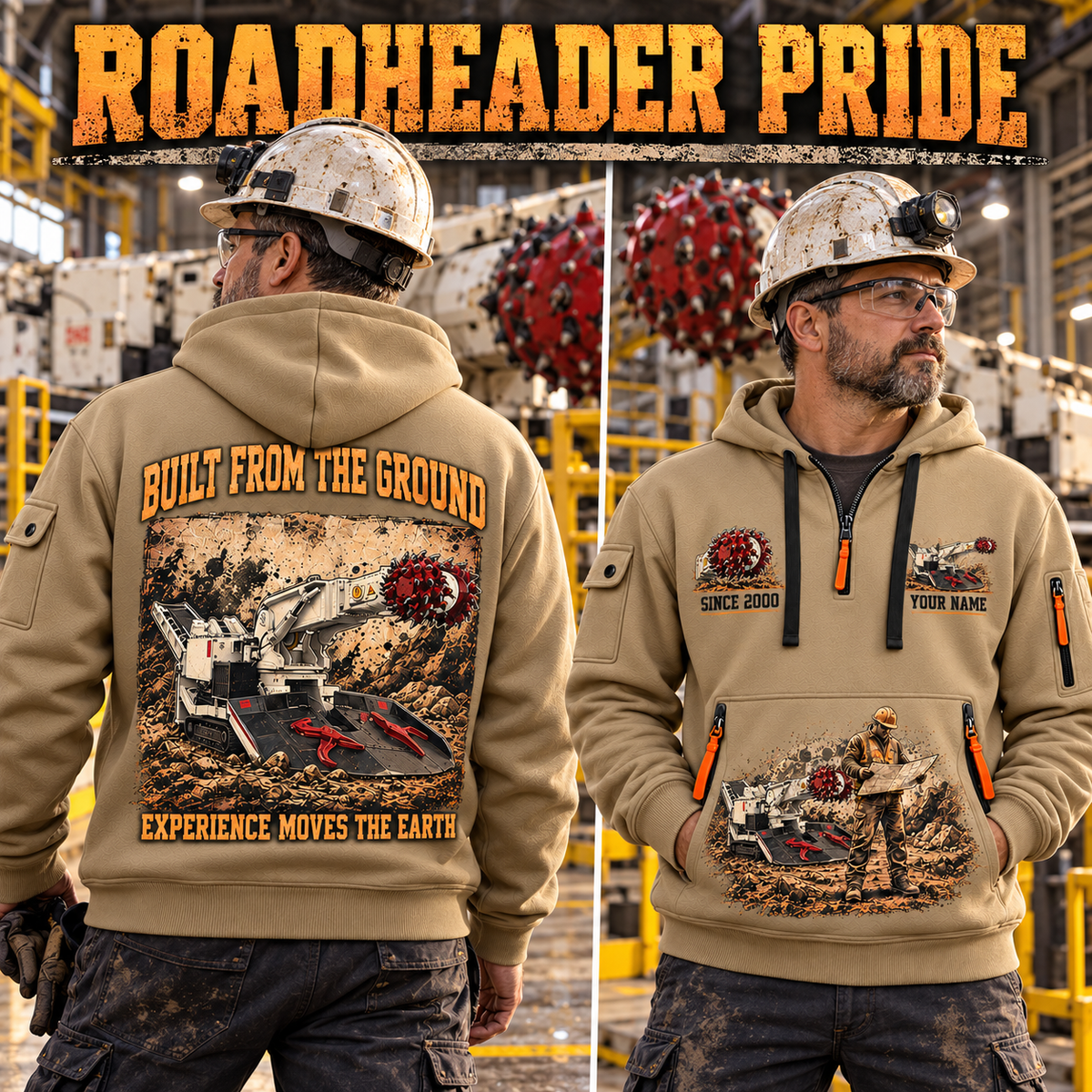 AQM 150 Roadheader Operator quarter zip hoodie in Khaki, adult lifestyle portrait showing front and back artwork