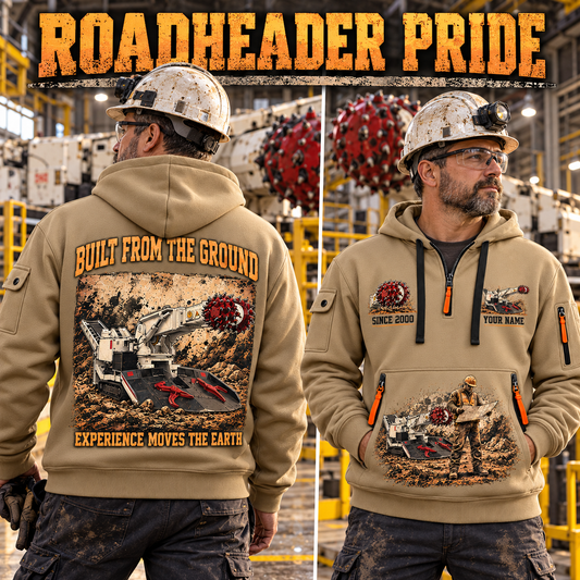 AQM 150 Roadheader Operator quarter zip hoodie in Khaki, adult lifestyle portrait showing front and back artwork