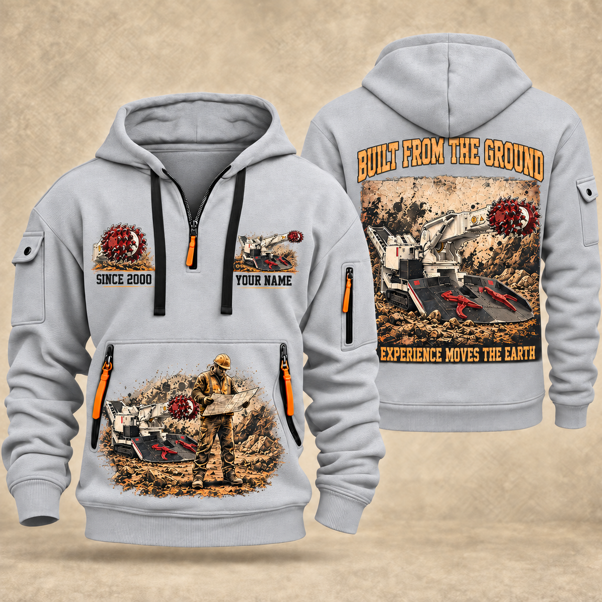AQM 150 Roadheader Operator quarter zip hoodie in Light Grey, front and back views, sample YOUR NAME and SINCE 2000 artwork