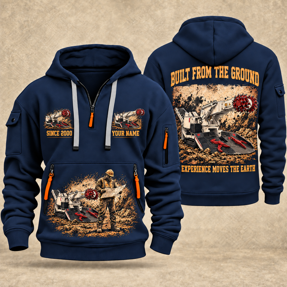 AQM 150 Roadheader Operator quarter zip hoodie in Navy, front and back views, sample YOUR NAME and SINCE 2000 artwork