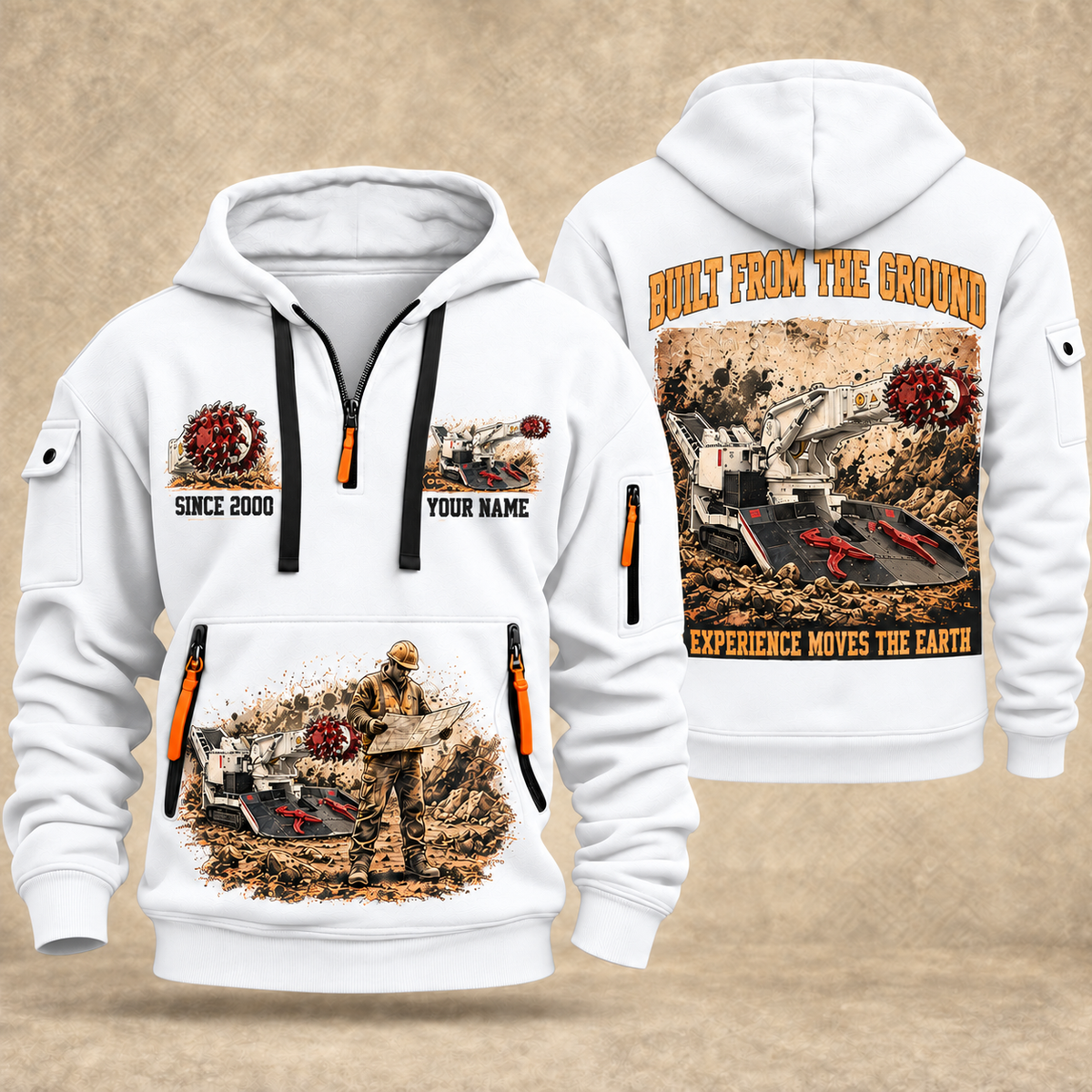 AQM 150 Roadheader Operator quarter zip hoodie in White, front and back views, sample YOUR NAME and SINCE 2000 artwork