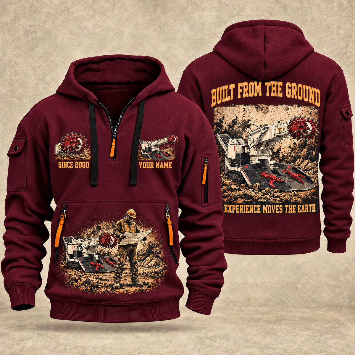 AQM 150 Roadheader Operator quarter zip hoodie in Wine Red, front and back views, sample YOUR NAME and SINCE 2000 artwork
