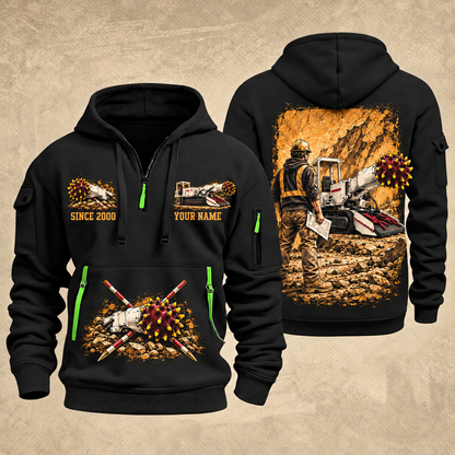 AQM 200 Roadheader Operator quarter zip hoodie in Black, front and back views, sample YOUR NAME and SINCE 2000 artwork