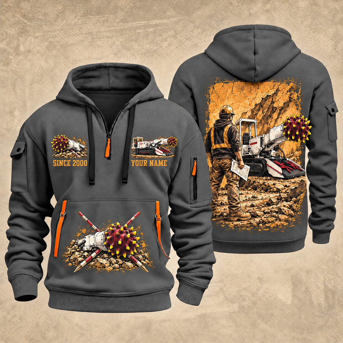 AQM 200 Roadheader Operator quarter zip hoodie in Gray, front and back views, sample YOUR NAME and SINCE 2000 artwork