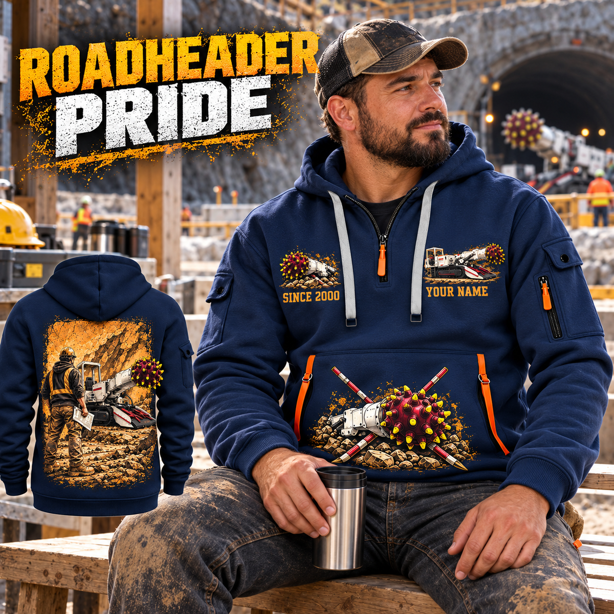 AQM 200 Roadheader Operator quarter zip hoodie in Navy, adult lifestyle portrait showing front and back artwork