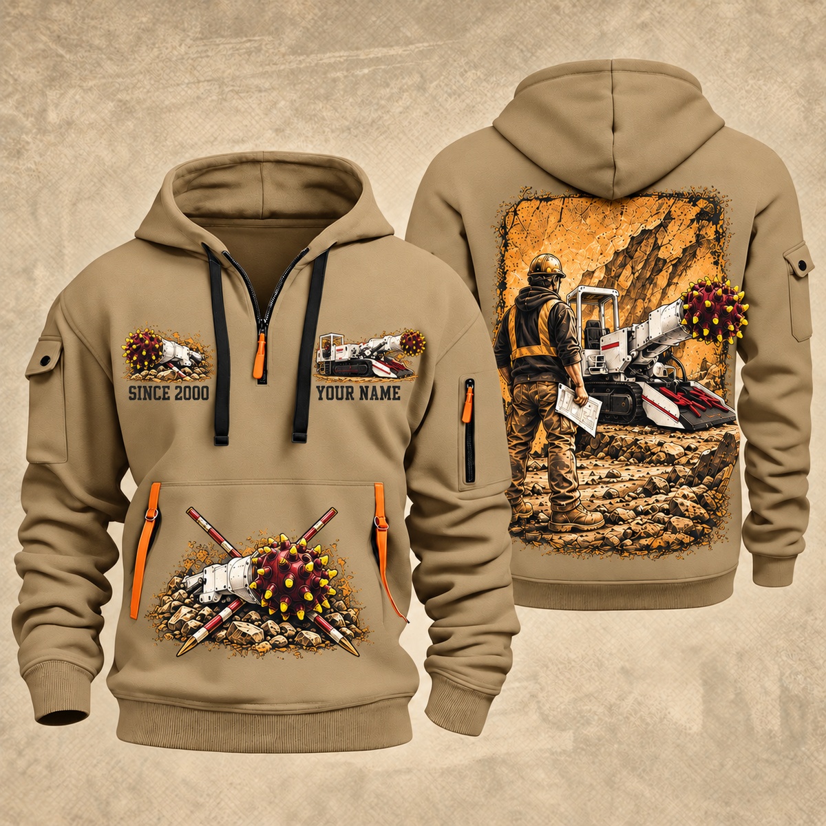 AQM 200 Roadheader Operator quarter zip hoodie in Khaki, front and back views, sample YOUR NAME and SINCE 2000 artwork