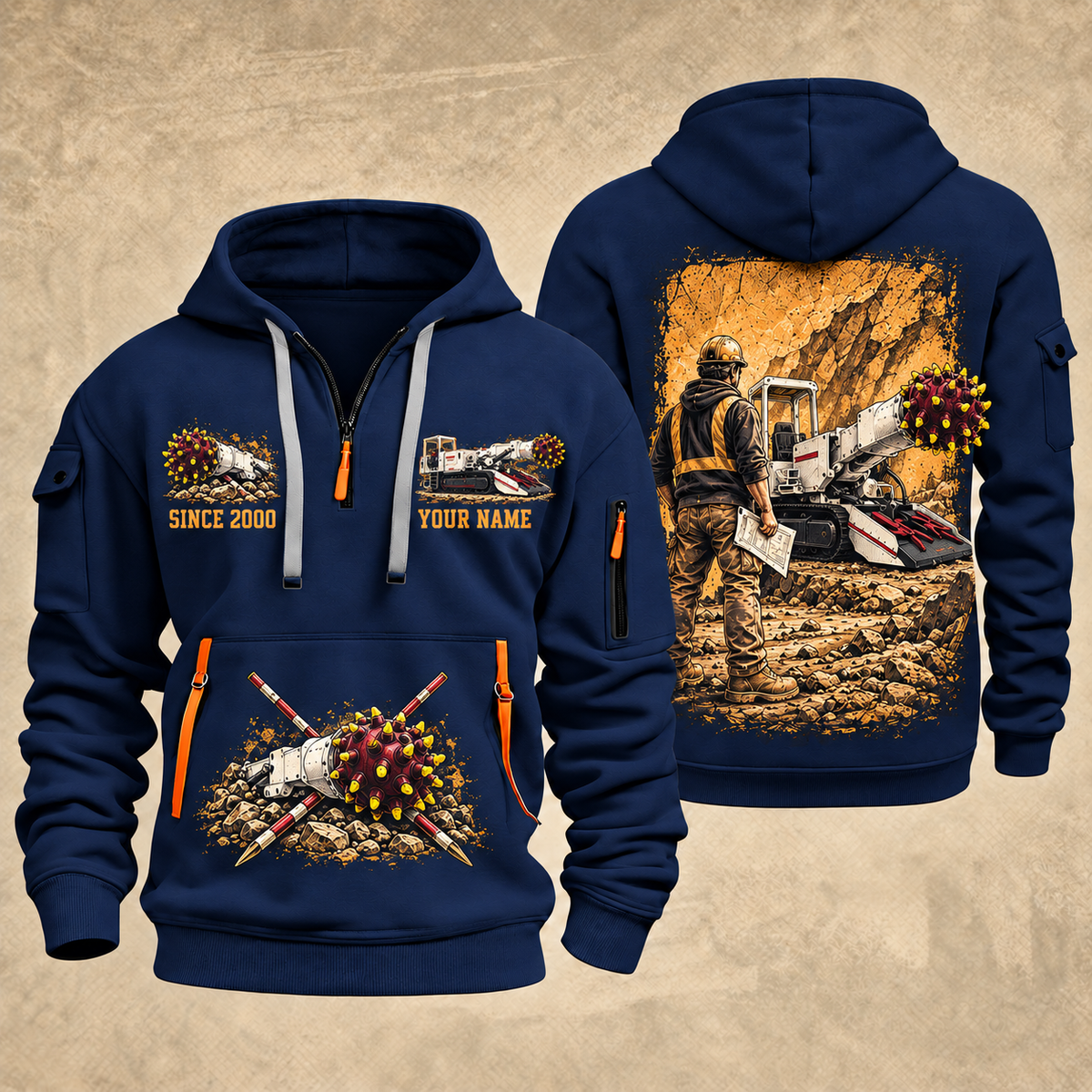 AQM 200 Roadheader Operator quarter zip hoodie in Navy, front and back views, sample YOUR NAME and SINCE 2000 artwork