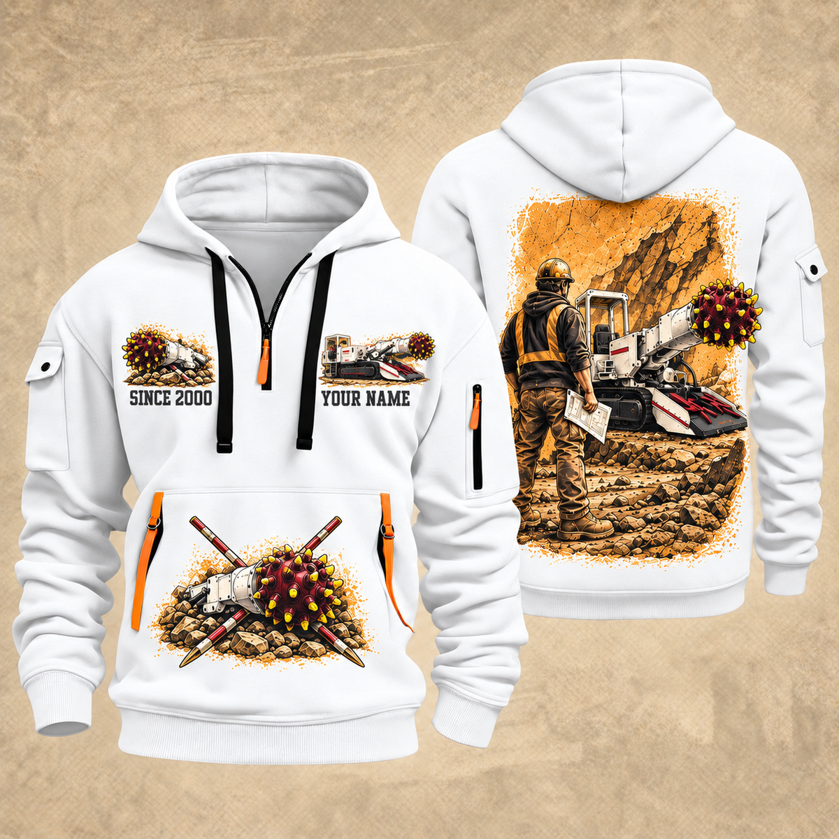 AQM 200 Roadheader Operator quarter zip hoodie in White, front and back views, sample YOUR NAME and SINCE 2000 artwork