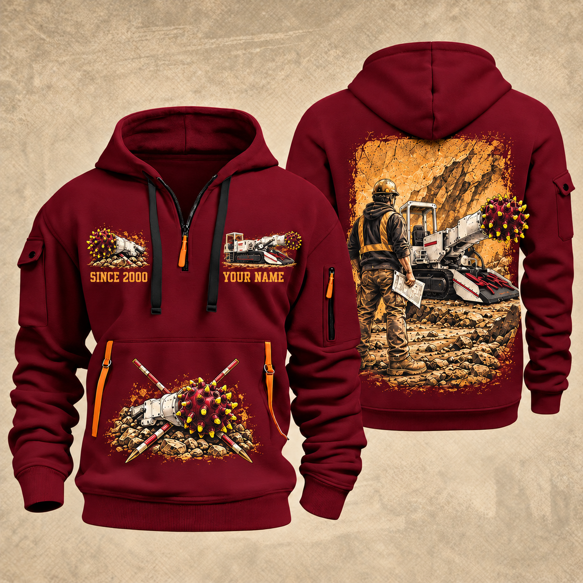 AQM 200 Roadheader Operator quarter zip hoodie in Wine Red, front and back views, sample YOUR NAME and SINCE 2000 artwork