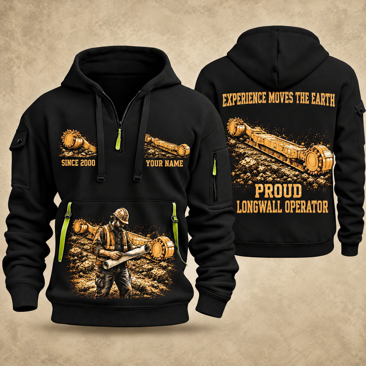 7LS1D Longwall Shearer Operator quarter zip hoodie in Black, front and back views, sample YOUR NAME and SINCE 2000 artwork