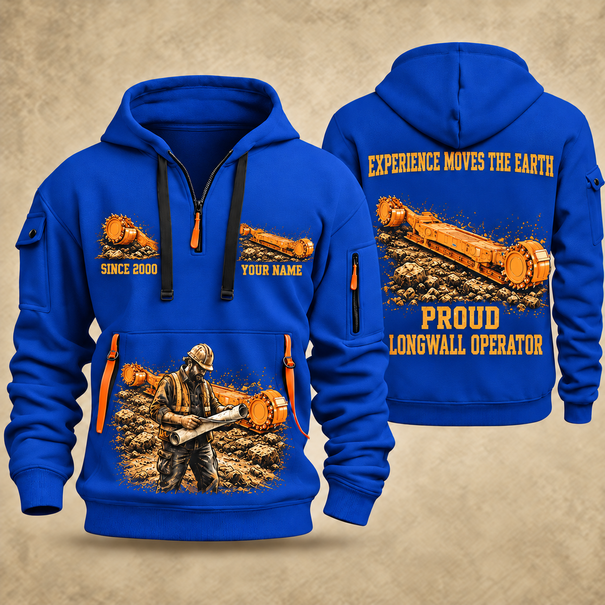 7LS1D Longwall Shearer Operator quarter zip hoodie in Blue, front and back views, sample YOUR NAME and SINCE 2000 artwork