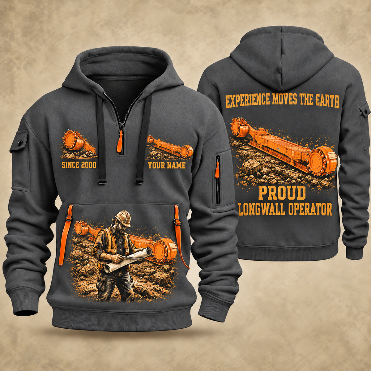 7LS1D Longwall Shearer Operator quarter zip hoodie in Gray, front and back views, sample YOUR NAME and SINCE 2000 artwork