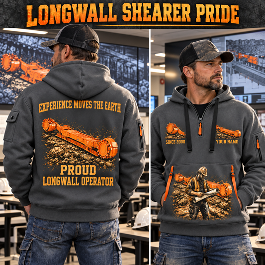 7LS1D Longwall Shearer Operator quarter zip hoodie in Gray, adult lifestyle portrait showing front and back artwork