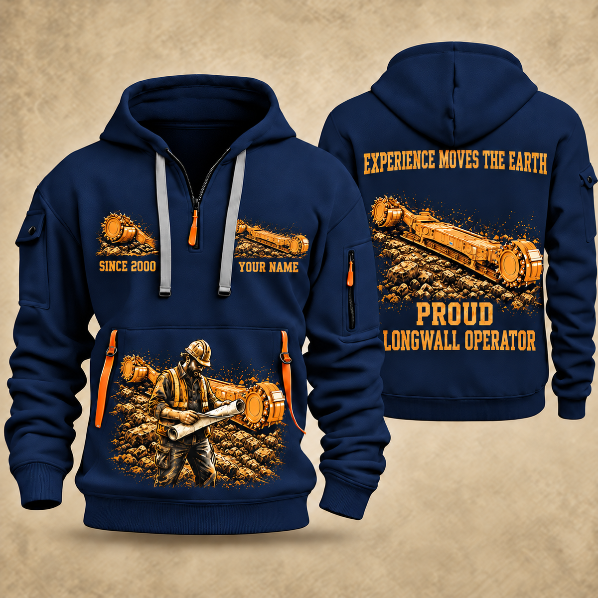7LS1D Longwall Shearer Operator quarter zip hoodie in Navy, front and back views, sample YOUR NAME and SINCE 2000 artwork