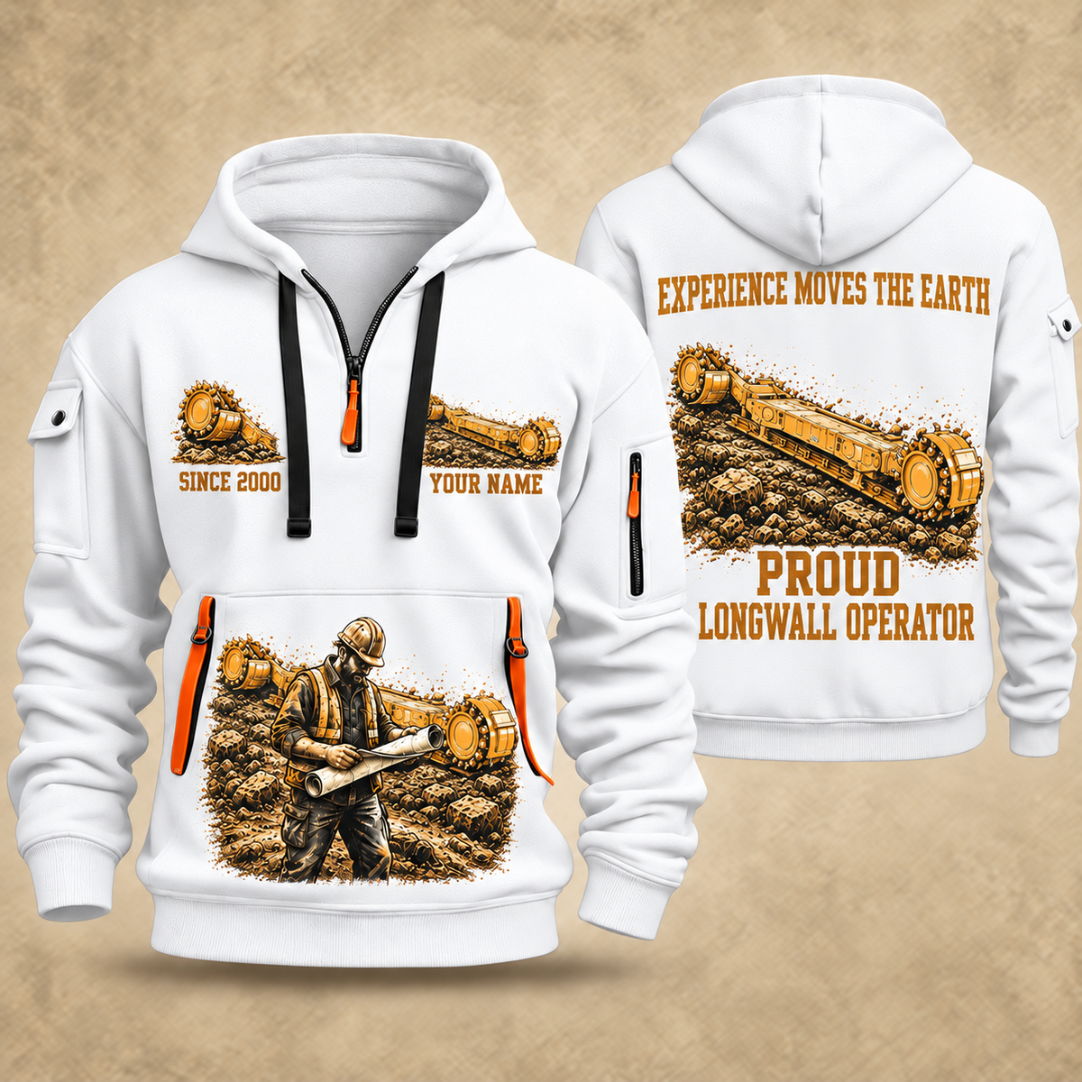 7LS1D Longwall Shearer Operator quarter zip hoodie in White, front and back views, sample YOUR NAME and SINCE 2000 artwork