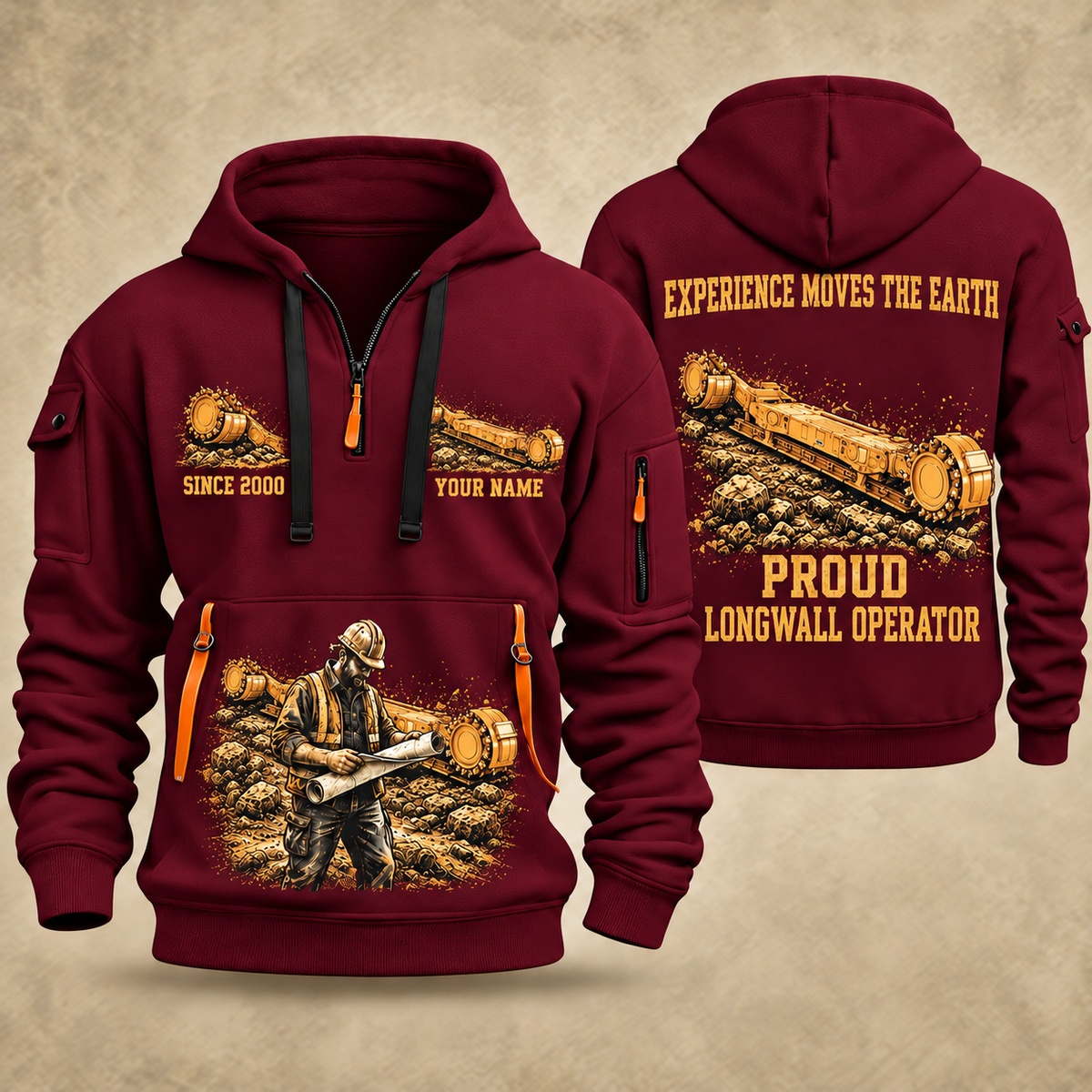 7LS1D Longwall Shearer Operator quarter zip hoodie in Wine Red, front and back views, sample YOUR NAME and SINCE 2000 artwork