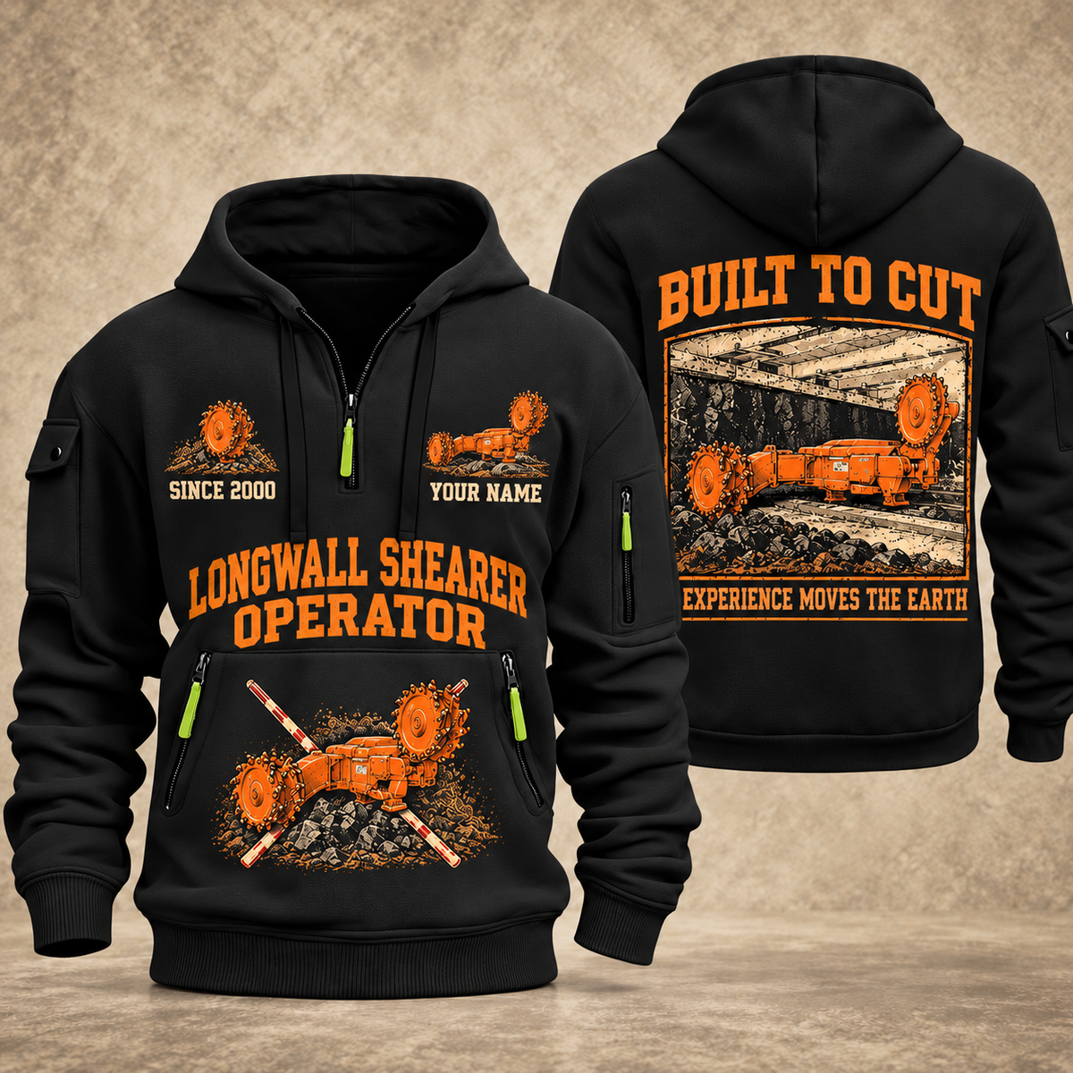 7LS2A Longwall Shearer Operator quarter zip hoodie in Black, front and back views, sample YOUR NAME and SINCE 2000 artwork