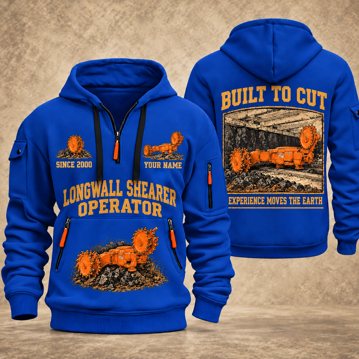 7LS2A Longwall Shearer Operator quarter zip hoodie in Blue, front and back views, sample YOUR NAME and SINCE 2000 artwork